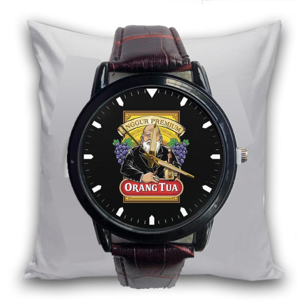 Jam Tangan Pria ORANG TUA MINUMAN JENGGOT LOGO Kulit Coklat Formal Bisnis Formal Analog Custom Keren