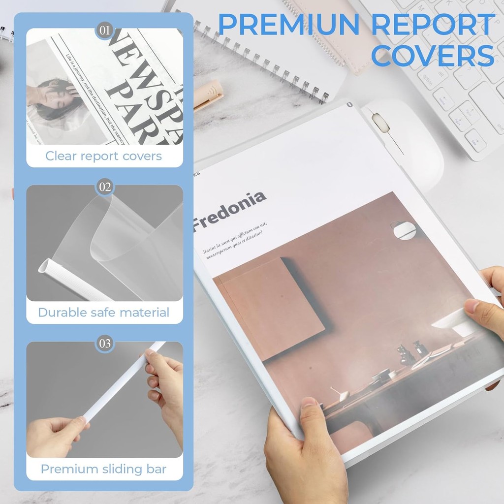 

10 Pcs Report Covers with Sliding Bar, 5mm Clear Report Folder for A4 and Letter Size Paper,Presentation Folders, 8.7X 12.2inch