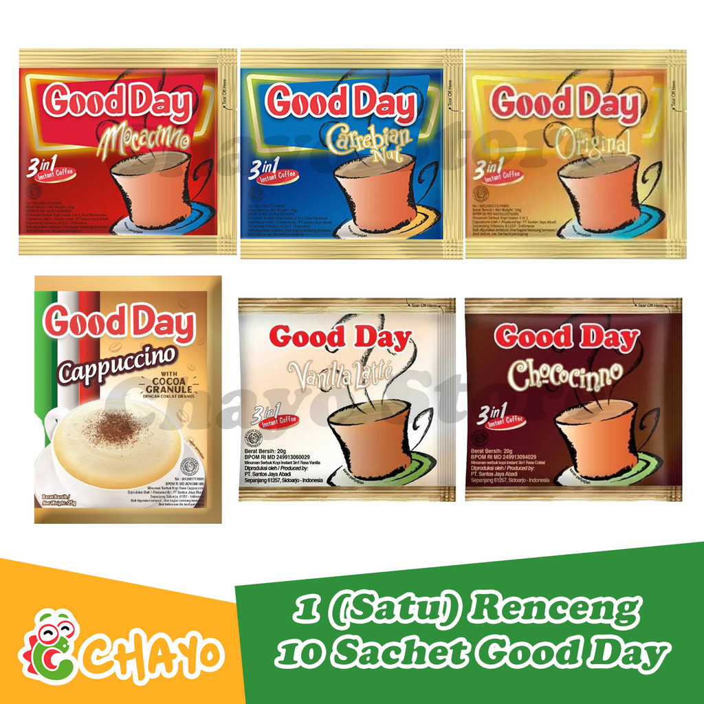 

GOOD DAY Kopi Instan Sachet Siap Seduh Cappuccino Vanilla Latte Mocacinno Chococinno Carrebean Nut Mocafrio