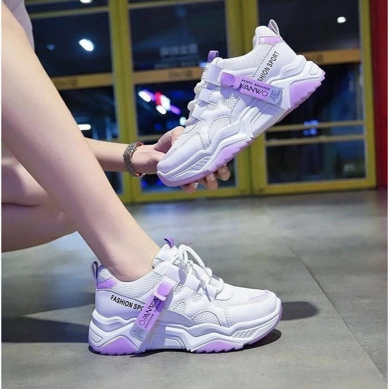 GENIALLSHOP SEPATU SNEAKERS WANITA PUTIH UNGU PREMIUM KOREA WANWOO SHOES FASHION SPORT KEKINIAN SEPA