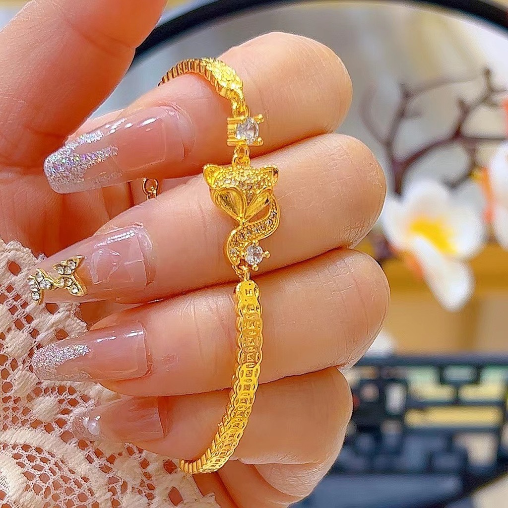 Luxury 24K 9999 Pure Gold Women's Small Fox Ring Necklace suit
