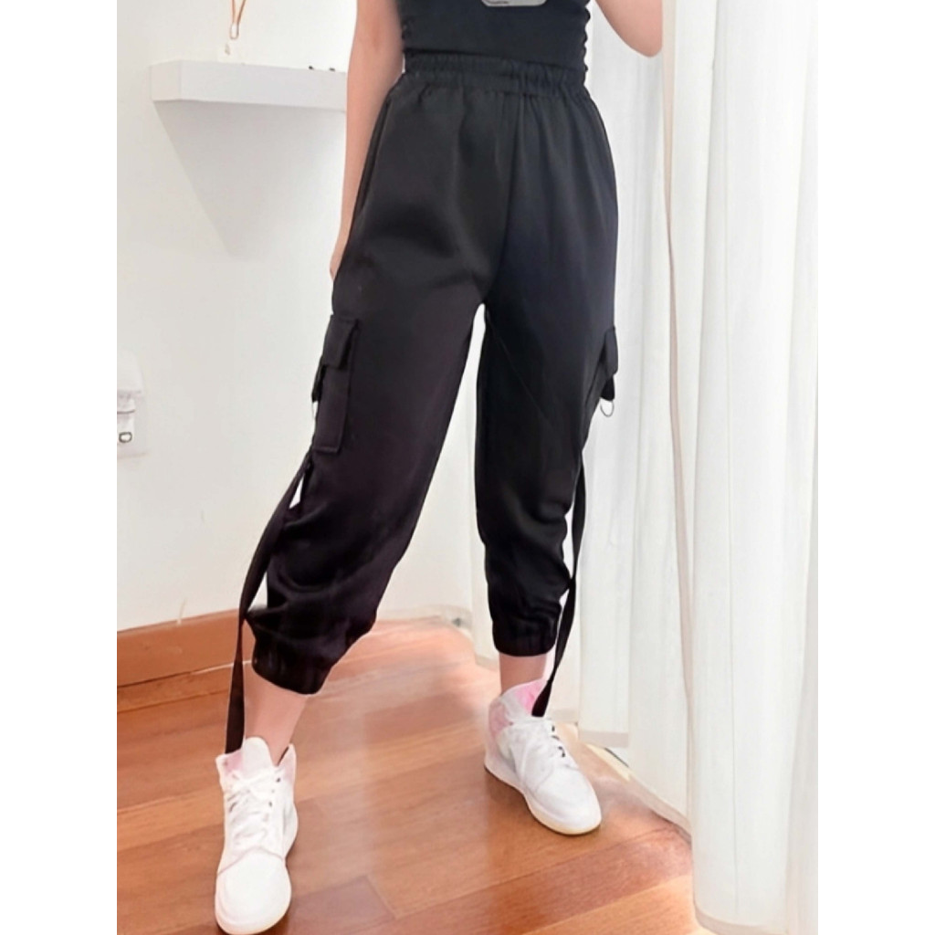 Celana Cargo Wanita Scuba Jogger Pants Hitam Putih Stretch Premium Resinda Fashion