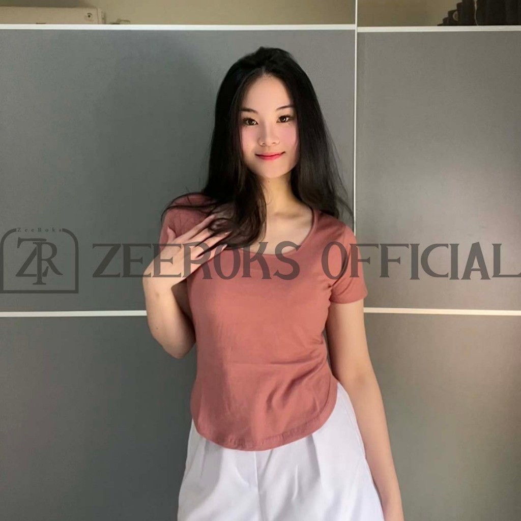 Baju Wanita Crop Top Polos Leher Kotak Lengan Pendek Bahan Cotton Combed Kaos Cewek