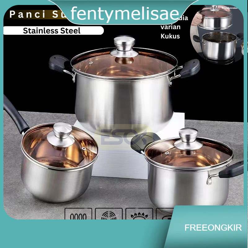 fentymelisae  Panci Sup / Panci Susu Stainless Steel Panci Steam Kukus Tutupan Kaca