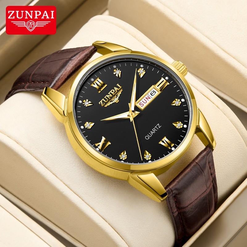 ZUNPAI Jam Tangan Pria Asli Anti Air Kalender Bercahaya Bisnis Baja Tahan Karat Emas Jam Tangan Pria