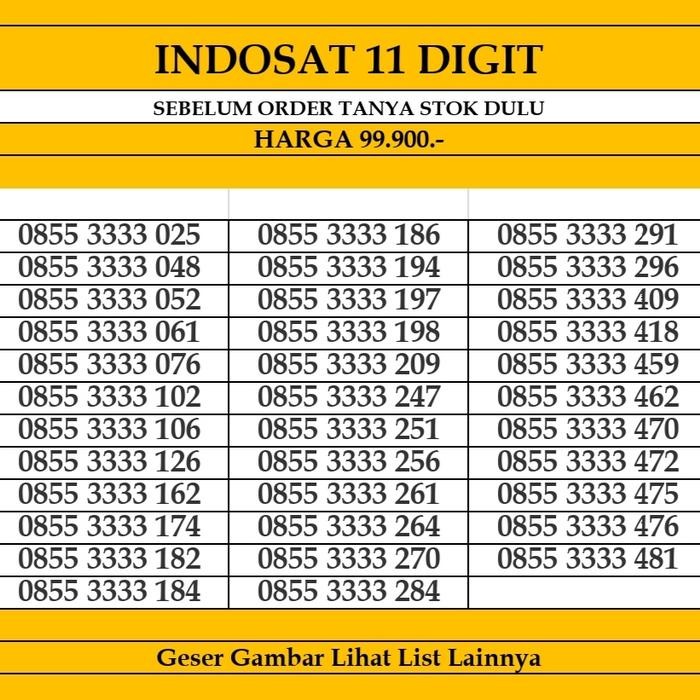 Terlaris Nomor Cantik Indosat 10 digit Kartu Perdana 4G Ooredoo im3 mentari - 0855 3333 048