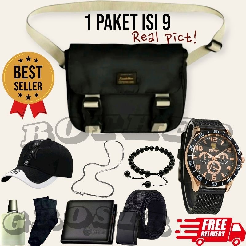 Ready NR (PAKET NEW STYLE KOMPLIT HEMAT)Ter-Baru Paket Bundling 9In1 Jam Tangan Pria/Jam Tangan Pria