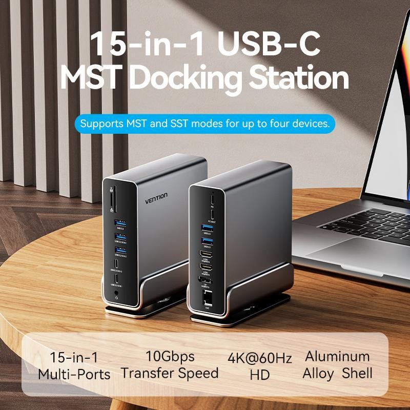 VENTION HUB Type-C Multiport To 15in1 USB HDMI DP RJ45 Type-C SD+TF 3.5mm TRRS - TPU