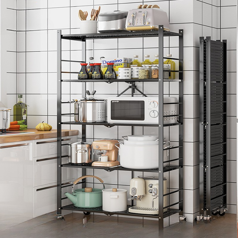 Rak Dapur Lipat Rak Lipat Portable Rak Besi 5 Susun Rak Dapur Serbaguna Roda Rak Penyimpanan