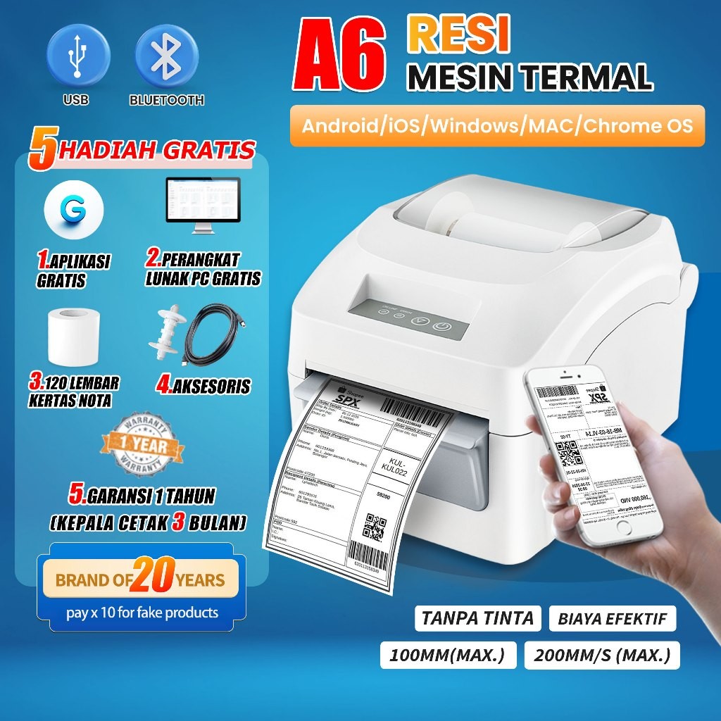 Barcode Printer Thermal Waybill Printer USB+Bluetooth Mesin Cetak Label Stiker Resi 4 & 3 In