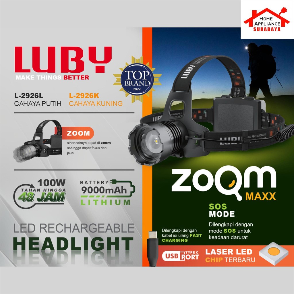 LUBY Headlamp - Senter Kepala LED ZOOM MAXX 100W - 100 Watt Lithium 9000mAh L-2926L Cahaya Putih / 2