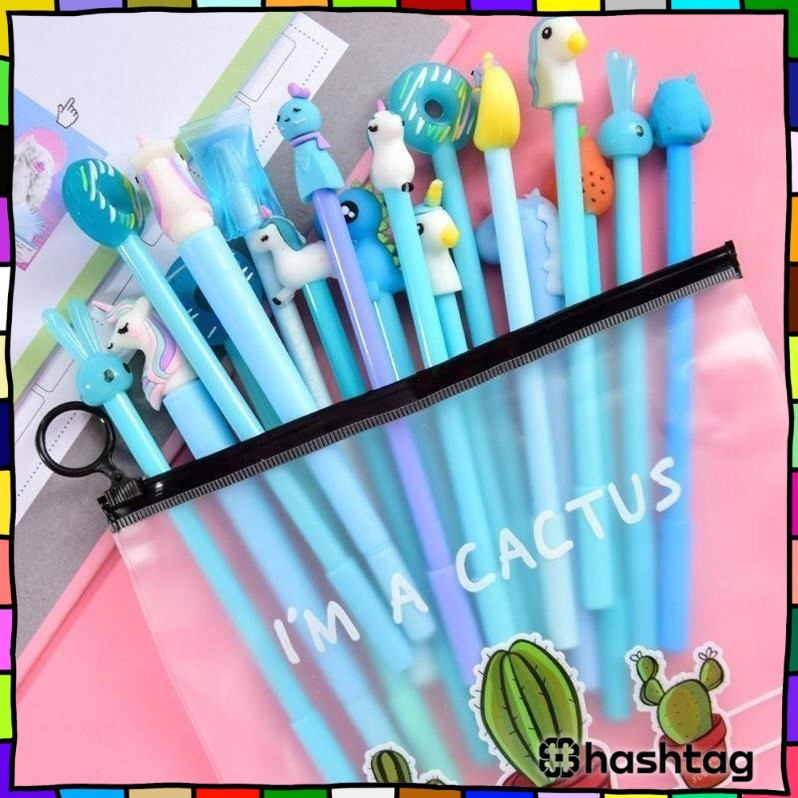 

#️⃣ HL0078 Pena Karakter Set Pouch Isi 20 Pcs Tempat Pensil Transparan Zipper Bag Y1072