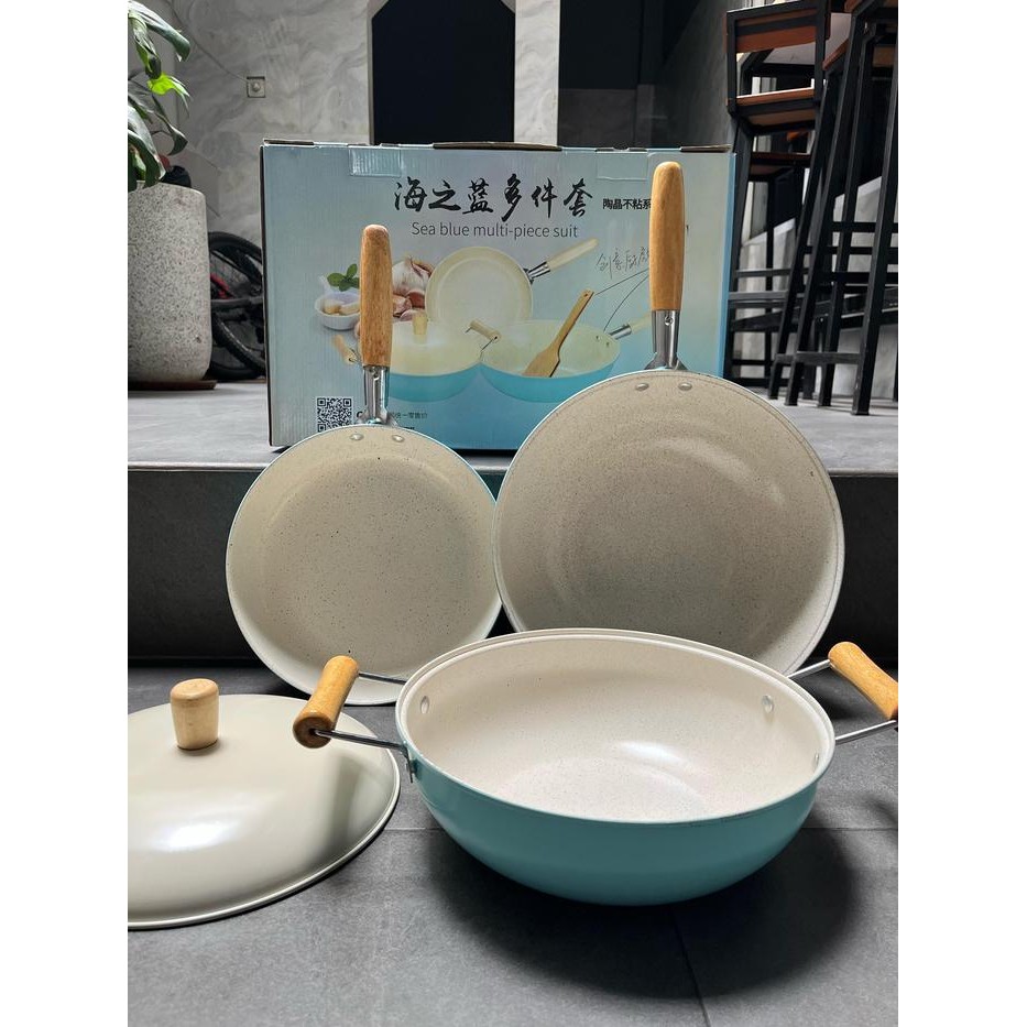 Paket Wajan Keramik Biru isi 3 pcs Panci Masak 3in1 3 in 1 Set Penggorengan Soup Sup Anti Lengket Ce