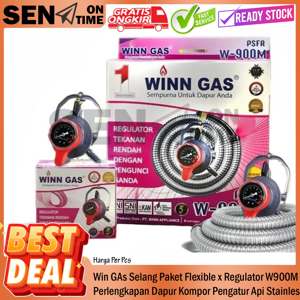 Win Gas Regulator W 900M Paket Selang Flexible Alat Kompor LPG Rumah Tangga Anti Bocor Sambungan Ama