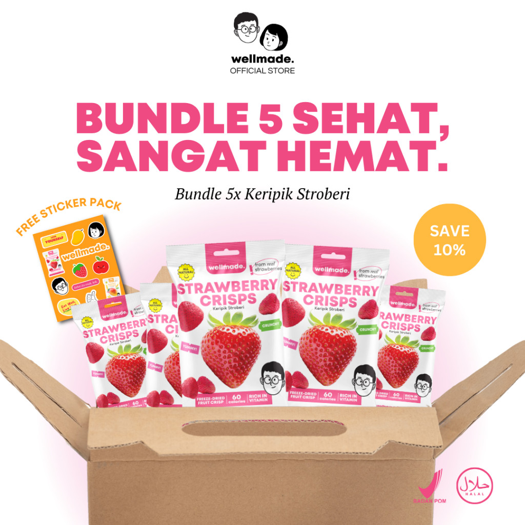 

【Bundle 5pcs】Wellmade Freeze-Dried Strawberry Crisps - Keripik Stroberi Kering Rendah Kalori Camilan Sehat Snack Buah Kering