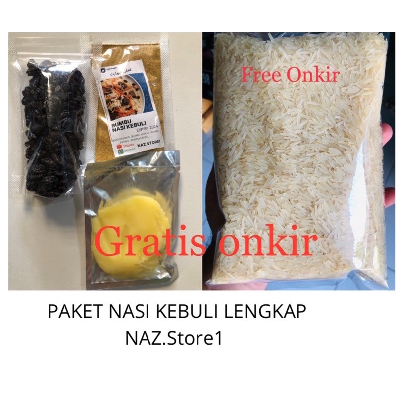 

NEW PROMO PAKET NASI KEBULI LENGKAP BERAS BASMATI 1KG , MINYAK SAMIN , KISMIS , BUMBU KEBULI PREMIUM