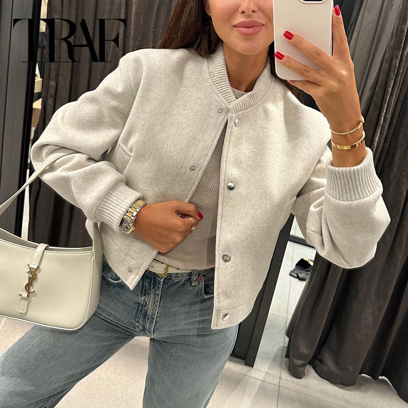 TRAF 2024 Women Jacket Cropped Bomber Jackets For Women Beige Black Tweed Jacket Woman Fashion Long 