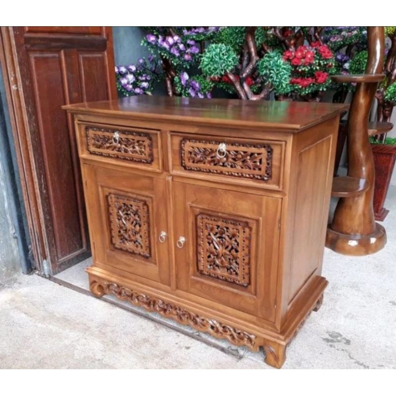 Bufet Palembang meja tv almari ukir kayu jati ukuran 100cm