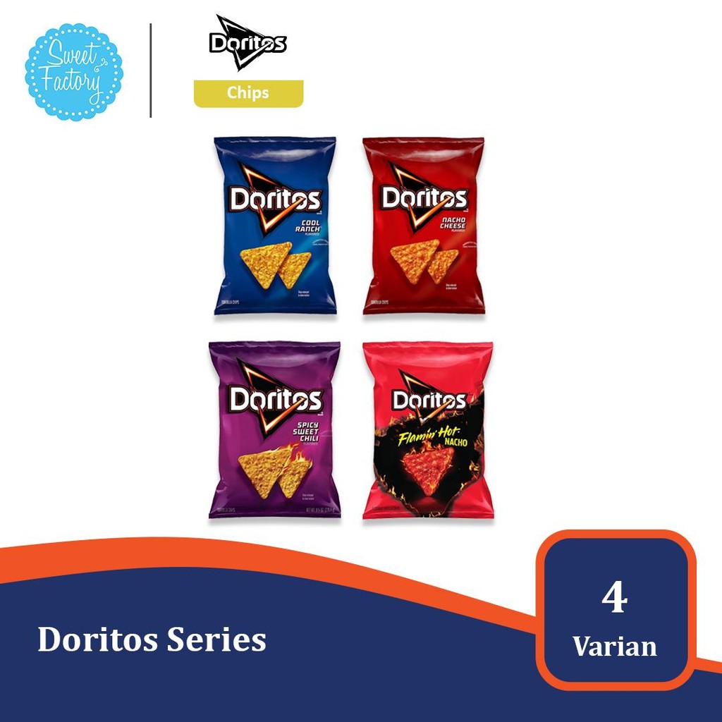 

Doritos Tortilla Chips USA - 4 Varian Rasa | Cool Ranch, Nacho Cheese, Flamin Hot, Spicy Sweet Chili Snack Import USA Cemilan