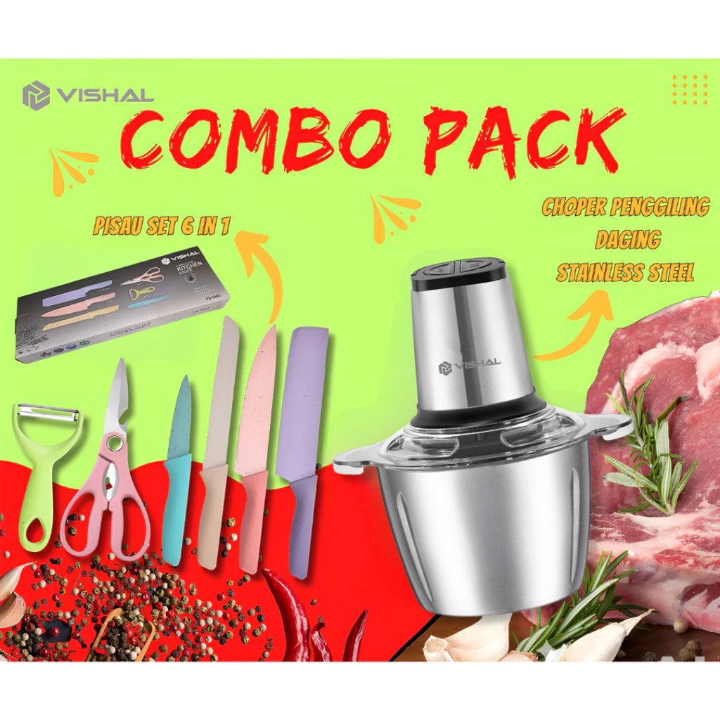 VISHAL (COD) Paket Combo Spesial Penggiling Daging Stainless Steel 2L+Pisau Set Makaroni