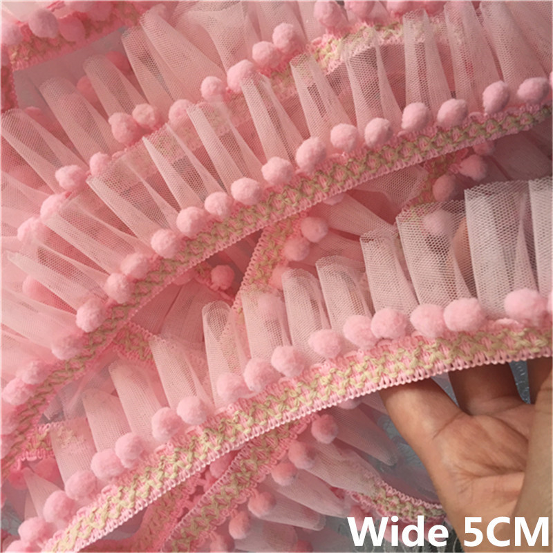 

5CM Wide Double Layers Mesh 3D Pleated Lace Collar Trim Embroidered Pompom Fringe Ribbon Dolls Dress Cloth Crafts Sewing Decor