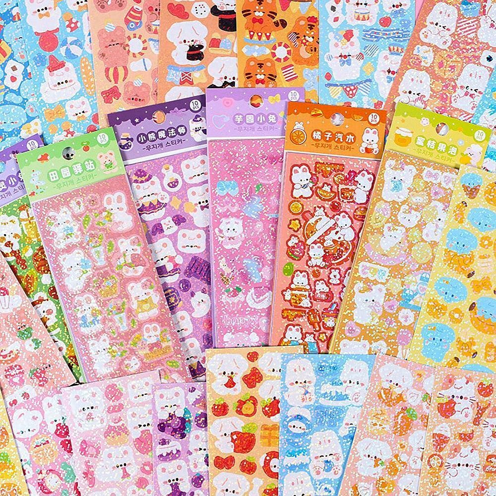 

10- 100PCS Kawaii Korean Deco Sticker Pack: Cute Colorful Cartoon Designs, Sparkling Glitter Effect, Diary Toploader Deco & More