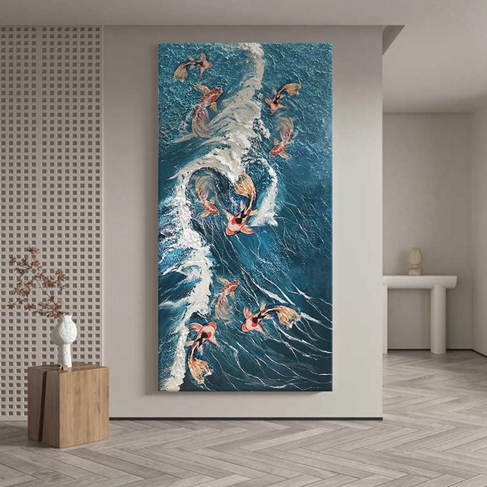 

Classic Retro Wall Art Carp Leap Dragon Gate Myochrome Oil Painting Canvas Printing Poster Home Living Room Entrance Decoration