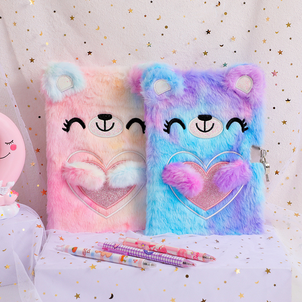 

Children'S Cartoon Notebooks Plush Cute Bear With Lock Plush Notebook Student A5 Diary Girl Gift Book