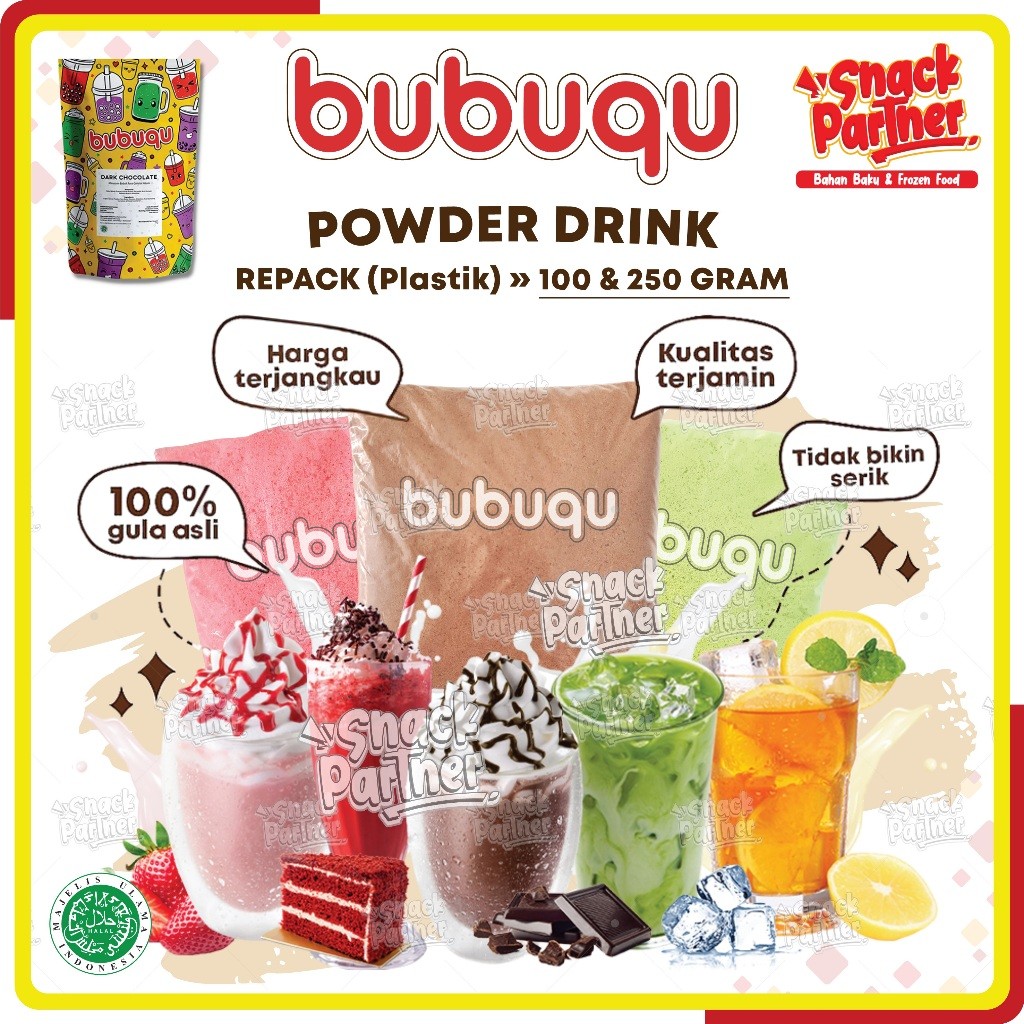 

BUBUQU Powder Drink REPACK 100 250 GR - Bubuk Minuman Premium Kekinian Ala Kafe - Dark Chocolate Choco Coklat Matcha Green Tea Red Velvet Taro Lemon Thai Tea