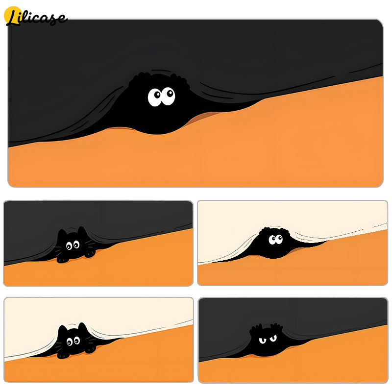 Mousepad Gaming Deskmat Keyboard pad Anti Slip Besar White Cute Cat Hiding Under The Covers Aestheti