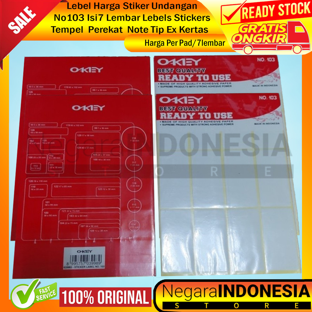 

KKY Stiker Label Nomor 103 Isi 7 Lembar Perekat Tulis Kertas Polos Tempel Nama Harga Undangan Tipe Ex Tipex Alat Tulis Kantor Tempelan Setiker Stationery Perlengkapan Arsip Formulir Labeling Coretan Penanda Informasi XRFA Administrasi Kantor Aksesoris