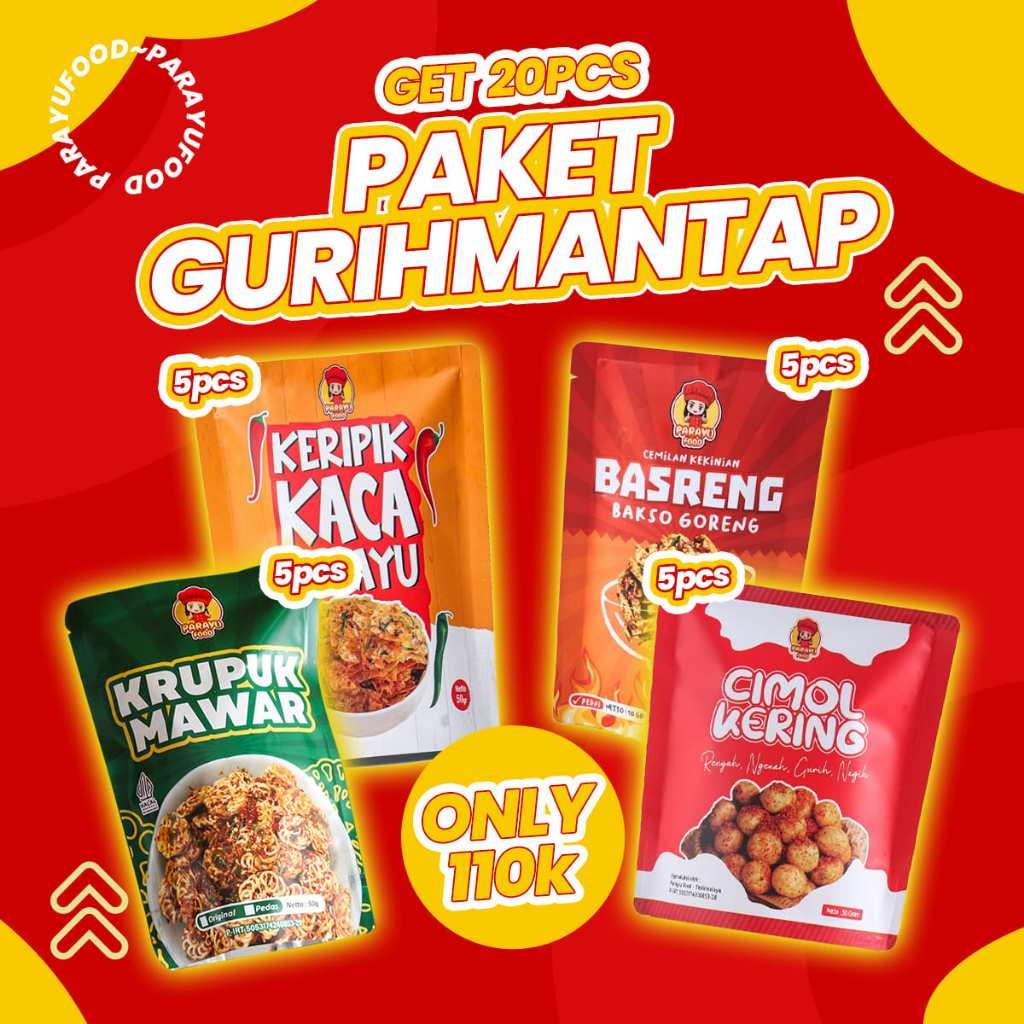 

Parayu Food - Paket Usaha 20 Pcs Ukuran 50gr Varian Cimol Kripca Kerupuk Mawar Kerupuk Basreng