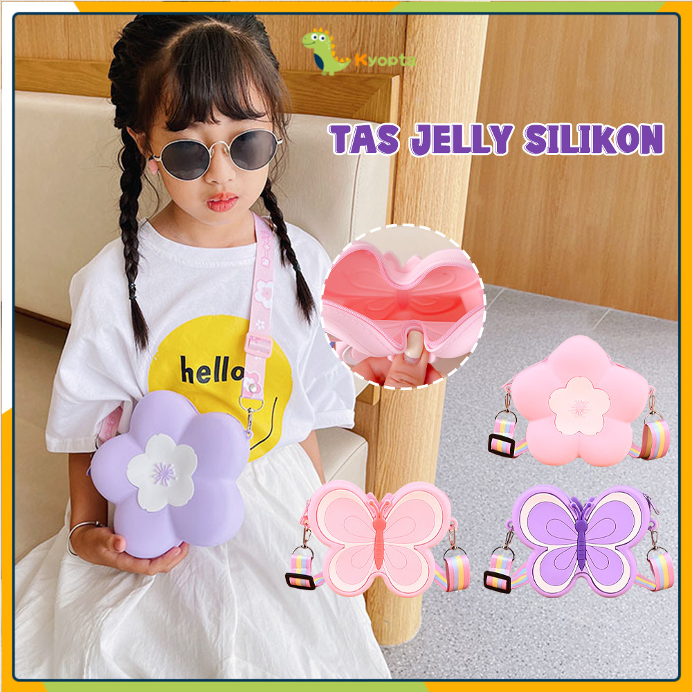 ​​Kyopta​​ Tas Selempang Anak Silikon Wanita Jelly Coin Purse Mini Butterfly Tas Tahan Air