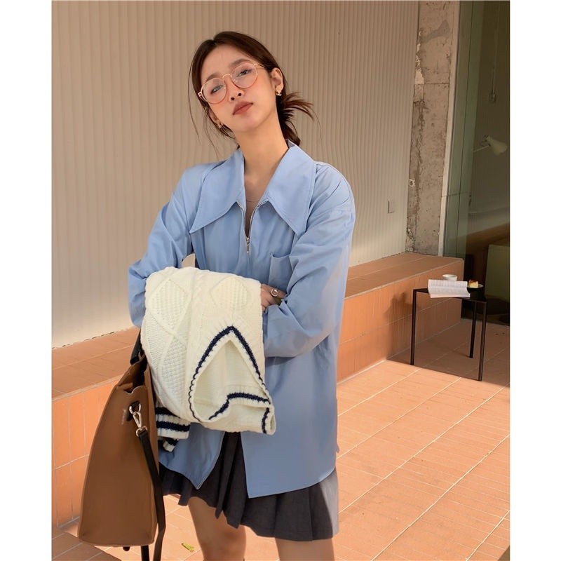 Aroana Pro dan Musim Gugur Kemeja Putih Jaket Mahasiswa Wanita Versi Korea Longgar Kerah Persegi Des