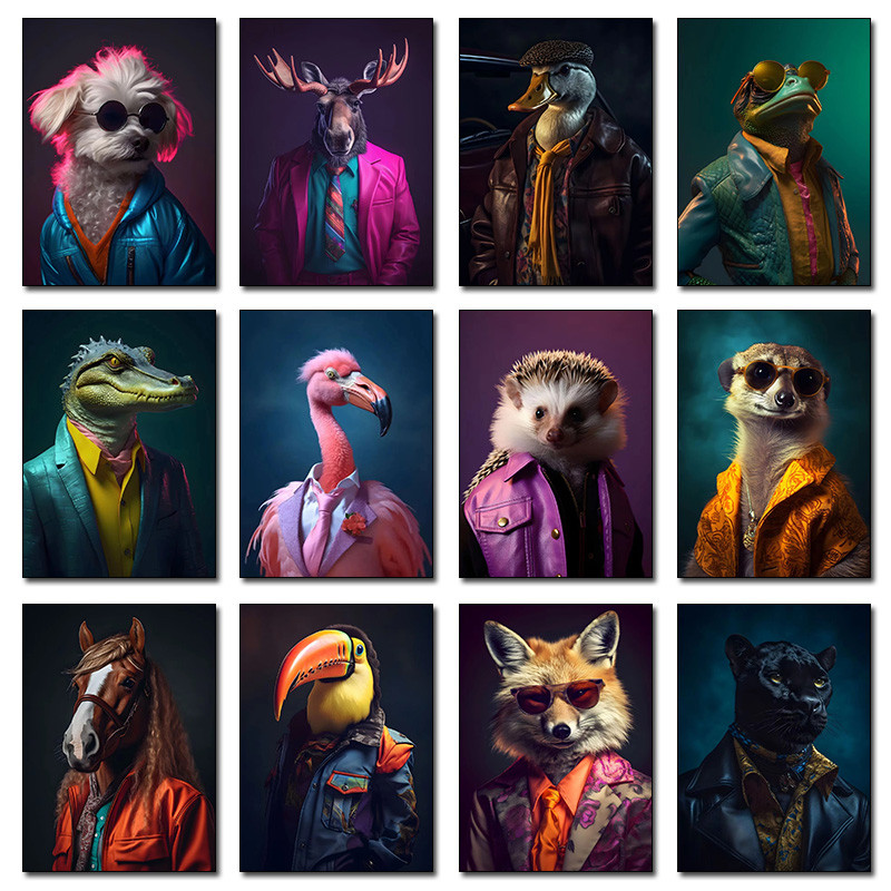 

Fashion Suit Animal Panda Horse Frog Fox Chicken Crocodile Panther Poster Canvas Painting And Prints for Living Room Home Decor