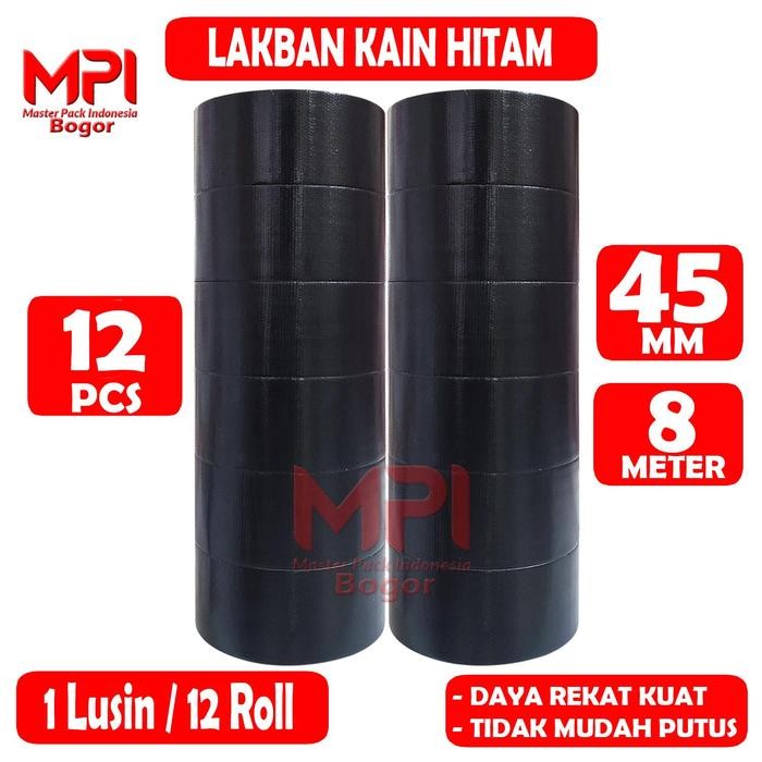

1 Lusin [12 Pcs] - Lakban Kain Hitam 45 mm x 8 Meter - Cloth Tape Hitam - Master Pack Indonesia Bogor - 1 Lusin : 12 Pcs