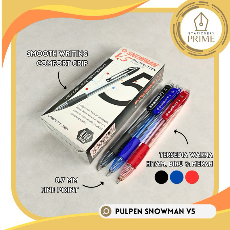 

Ballpoint Pen Retractable / Pulpen Cetek SNOWMAN V5 0.7mm Hitam Merah Biru ( isi 12 pcs )