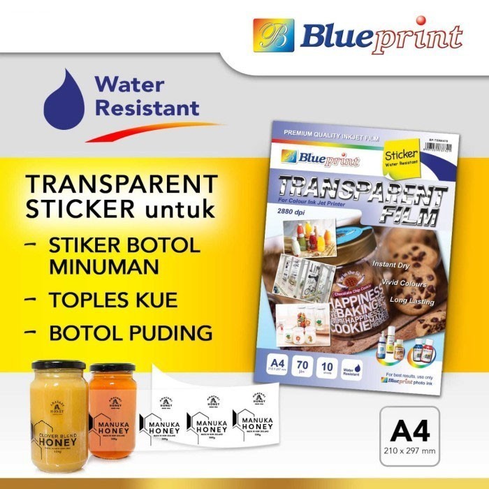 

Blueprint BP-TSWA470 Transparent Film Sticker A4 70 Mikron Label Stiker Transparan 10 Lembar