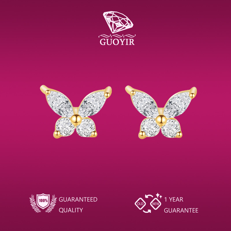 GUOYIR Anting Kecil Kupu-Kupu Gaya Korea Elegan dengan Zirkon Terlapis Emas Anti-Pudar