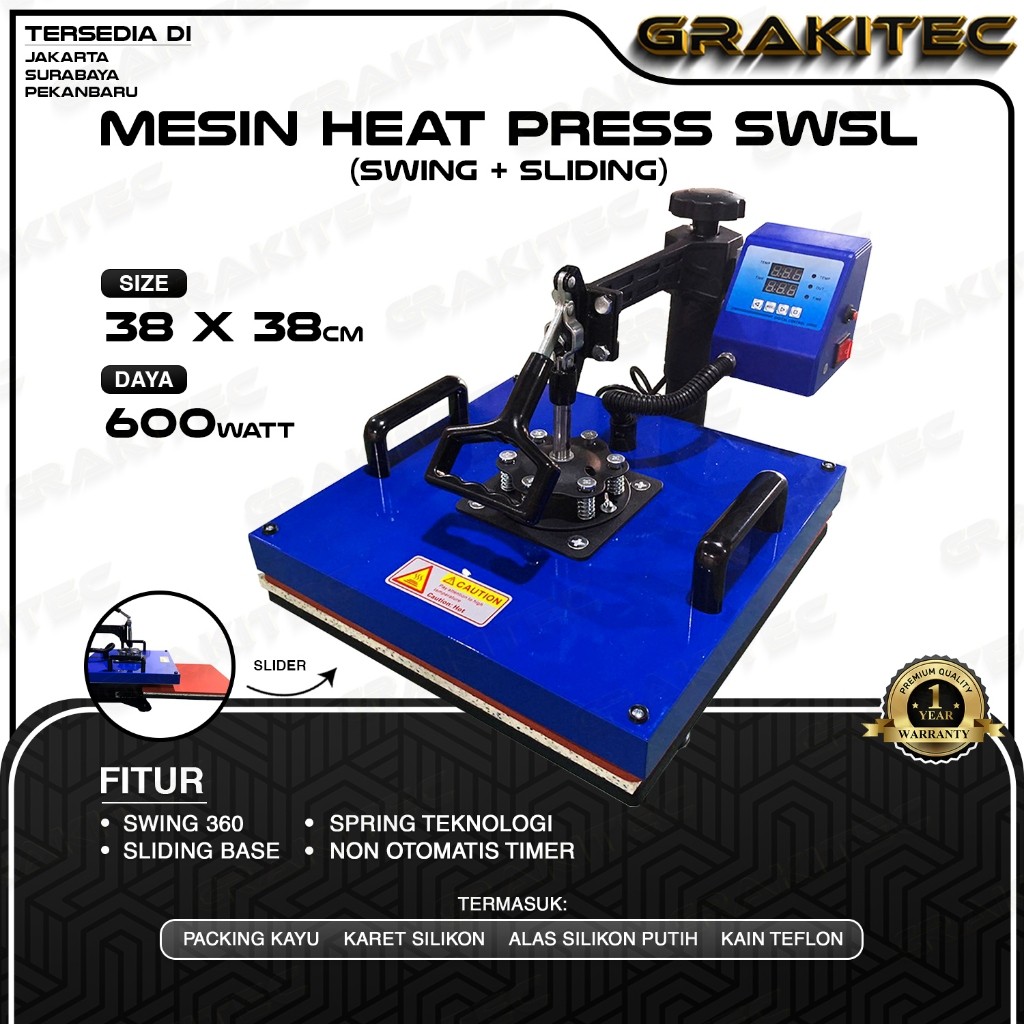 

Mesin Press Sablon Kaos Swing 38x38 Combo All in One 3in1, 5in1 Mesin Sablon Multifungsi Sliding - Kaos, Mug, Topi, dan Piring