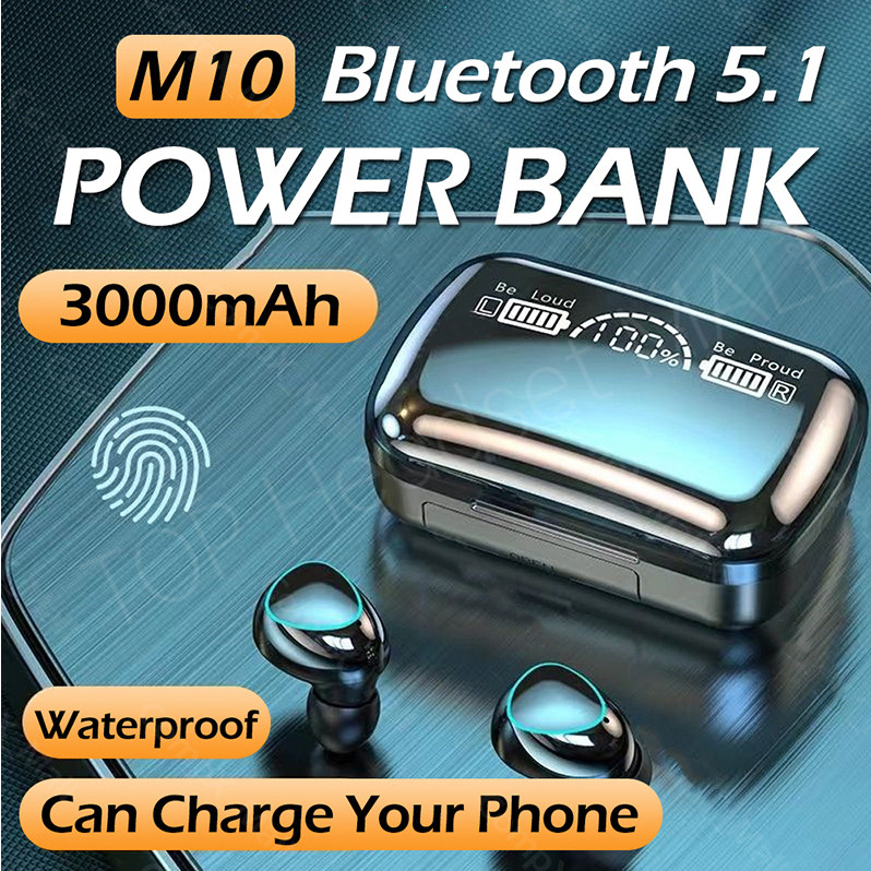M10 Headset Bluetooth Full Bass Stereo Wireless Earphone Tahan Air TWS 10D Bass Stereo HiFi HD LED S