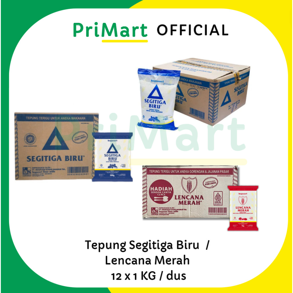 

Tepung terigu Bogasari Segitiga Biru 1kg x12 / 500g x20 / Lencana Merah 1kg x12 dus karton