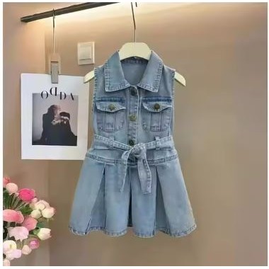 Twisty Ruffle Dress Belt Jeans Anak Perempuan Usia 1-7 Tahun Setelan One Piece Terbaru