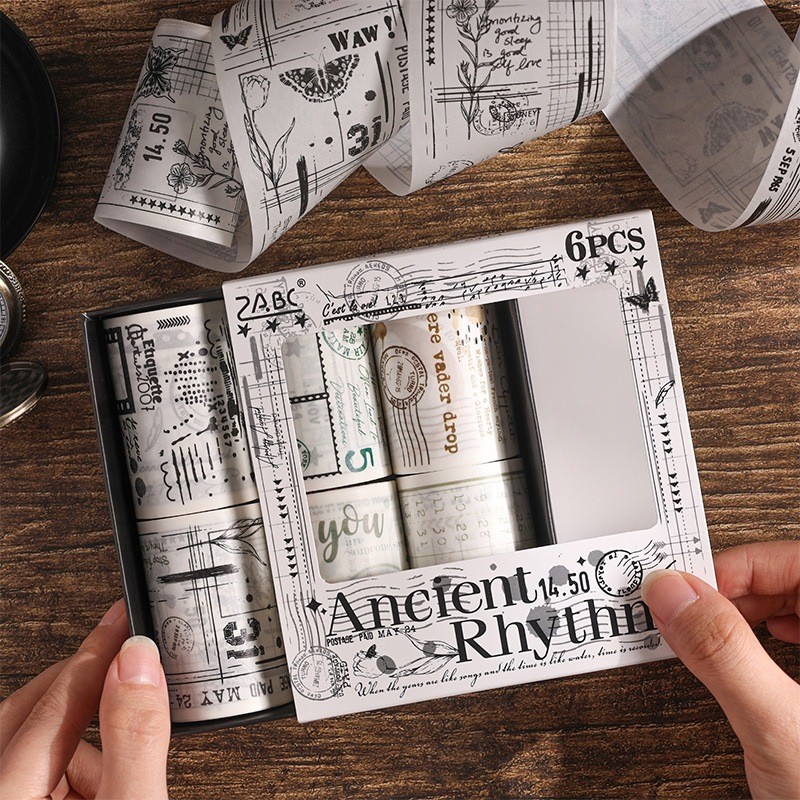 

[Gongjin] 1 Box Sticker Ancient Rhytmn Washi Tape Roll Aksen Goresan Kopi Stempel Foto
