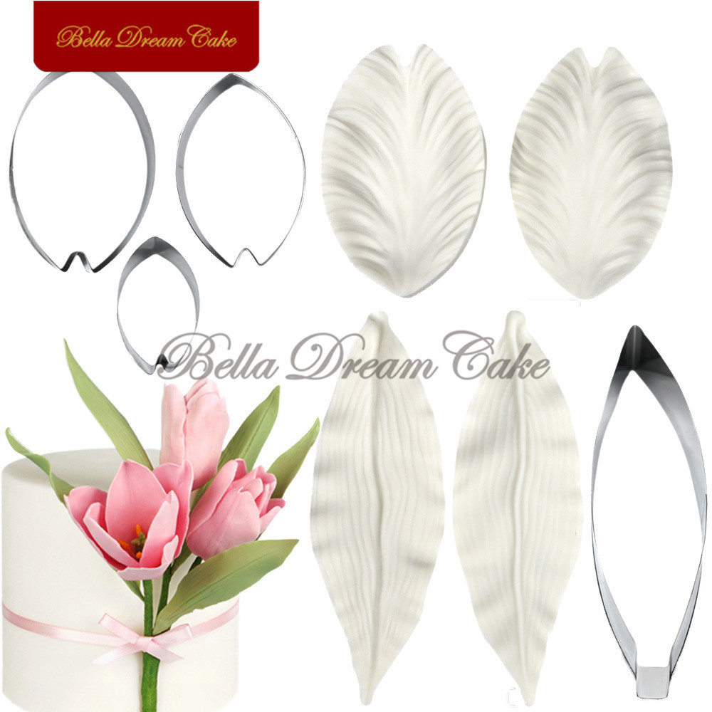 

3D Tulip Petal/Leaf Veiner Silicone Mold Fondant Flower Stainless Steel Cutter Set DIY Clay Mould Cake Decorating Tools Bakeware