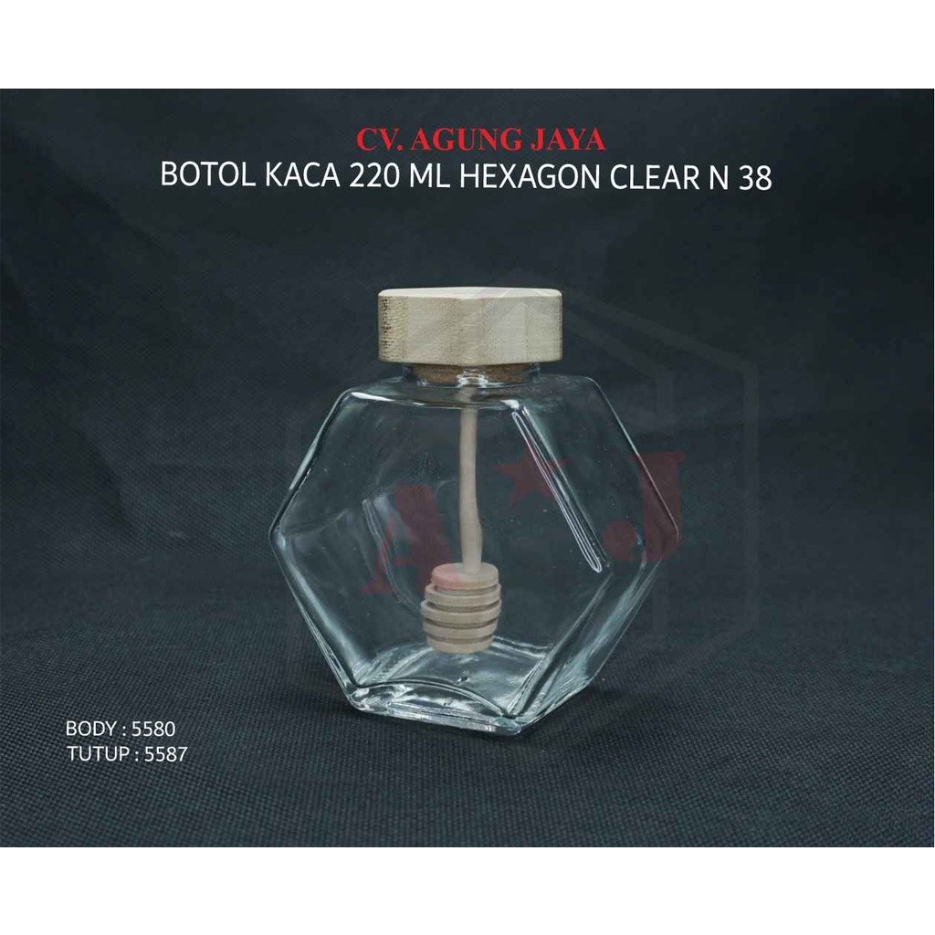 Botol Kaca Madu Hexagon 220 ml Tutup Kayu/Botol Kaca Madu