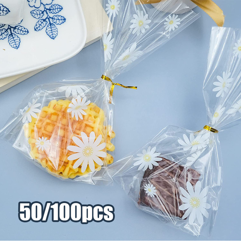 

50/100pcs Daisy plastic goodie bag Plastik OPP Pita Kawat Untuk Kue Kering Cupcake Kantong Bungkus Kue Kering Cupcake