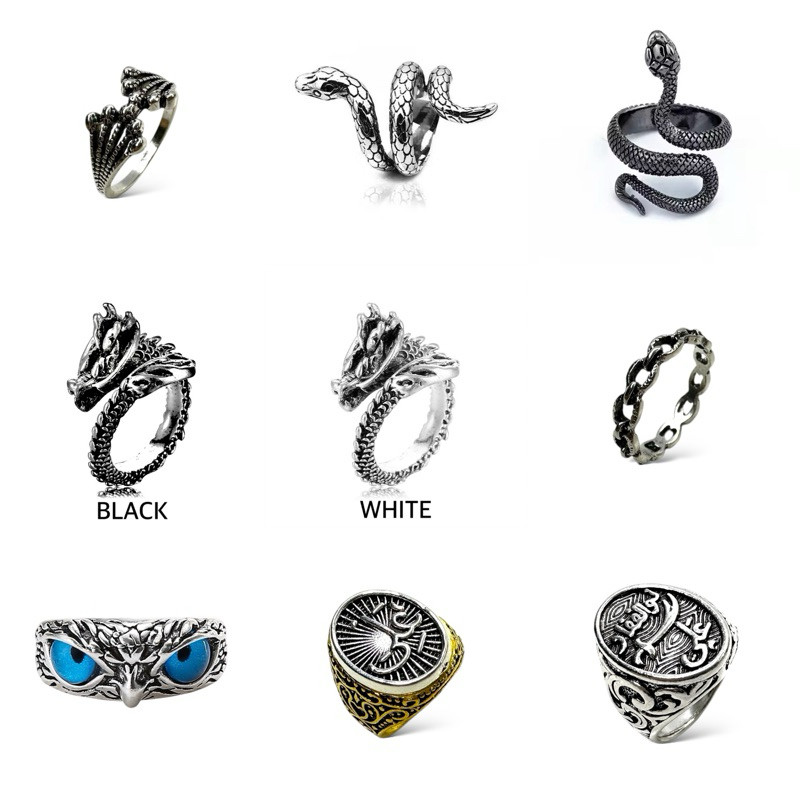 [Viral Trending] Cincin Pria Wanita Motif Snake Ular Perak Silver Hitam Korea