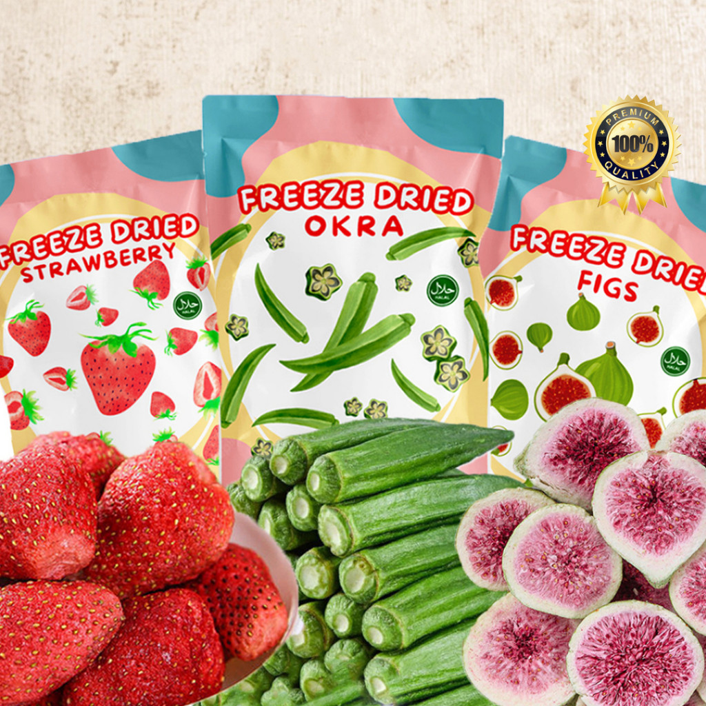 

50g Buah Kering | Freeze Dried Strawberry | Keripik Durian Kering | Snack Strawberry Kering | Okra Crispy | Kripik Buah | Snack Buah | Snack Sehat Crunchgie
