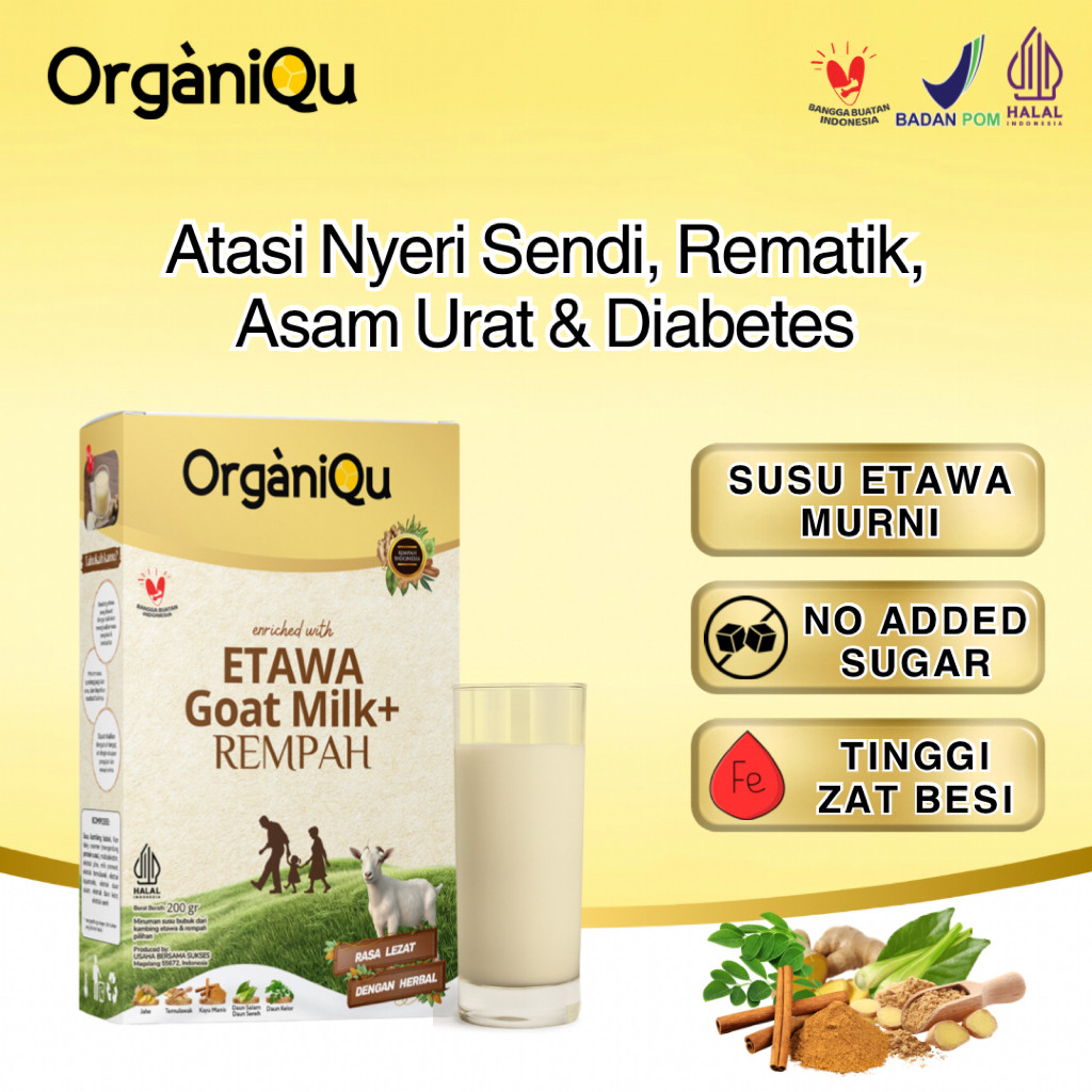 

OrganiQu Etawa Goat Milk REMPAH No Sugar atasi nyeri sendi, rematik, asam urat, diabetes dan saraf kejepit (susu kambing bubuk)